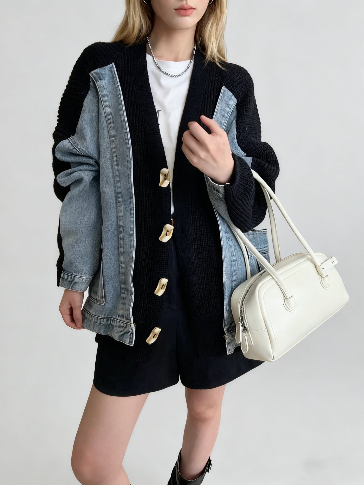 Design Sense Two-Piece Denim Spliced Knitted Cardigan Women's Loose Oversized Sweater Jacket Trendy