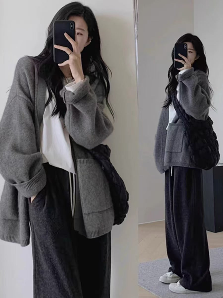 Version Loose Knit Cardigan Lazy Style Solid Color Pocket Temperament Sweater Coat for Women