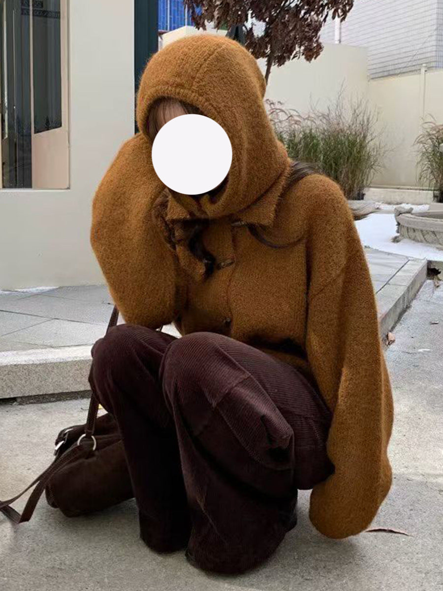 Retro Horn Button Knit Cardigan Women Loose Soft Sweater Coat with Hood