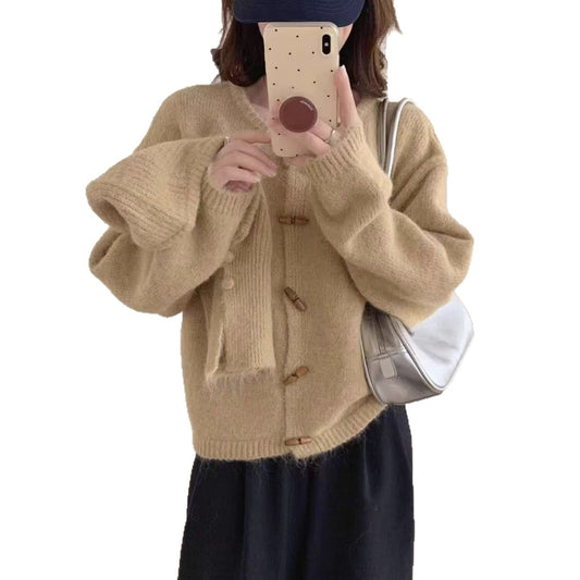 Retro Horn Button Knit Cardigan Women Loose Soft Sweater Coat with Hood