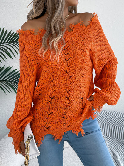 Hollow out long sleeved off shoulder pullover sweater