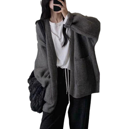 Version Loose Knit Cardigan Lazy Style Solid Color Pocket Temperament Sweater Coat for Women