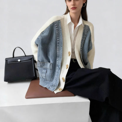 Design Sense Two-Piece Denim Spliced Knitted Cardigan Women's Loose Oversized Sweater Jacket Trendy