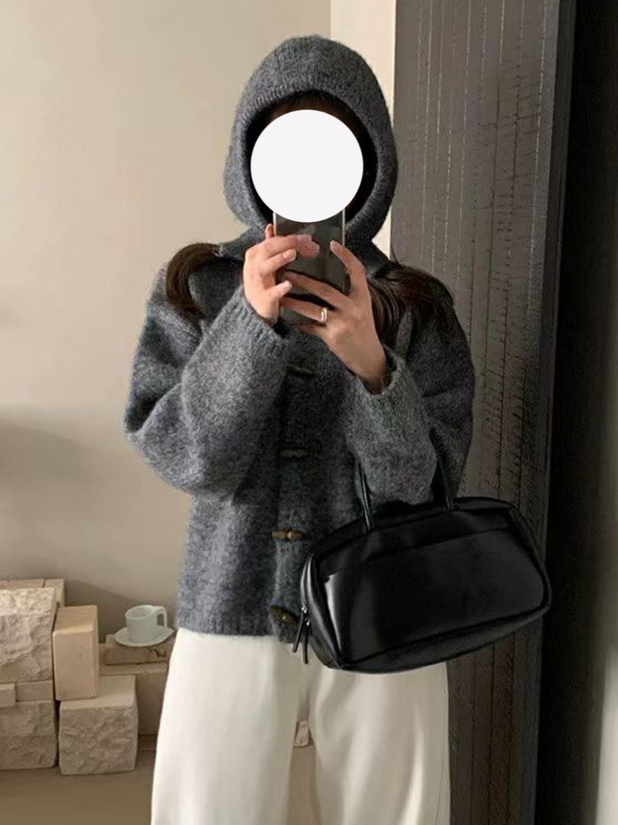 Retro Horn Button Knit Cardigan Women Loose Soft Sweater Coat with Hood