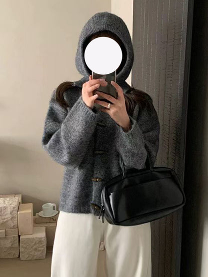 Retro Horn Button Knit Cardigan Women Loose Soft Sweater Coat with Hood