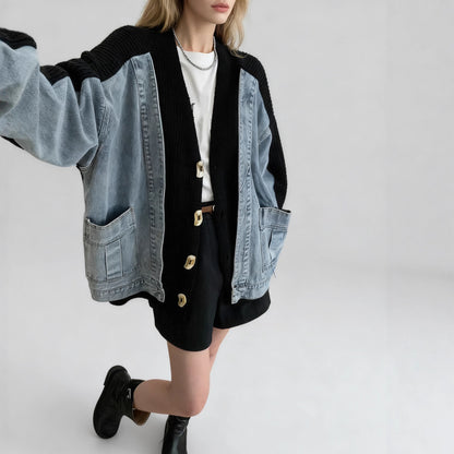Design Sense Two-Piece Denim Spliced Knitted Cardigan Women's Loose Oversized Sweater Jacket Trendy