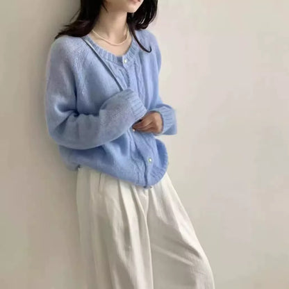Round Neck Cable Knit Thin Sweater Women Loose Slimming Elegant  Style Cardigan