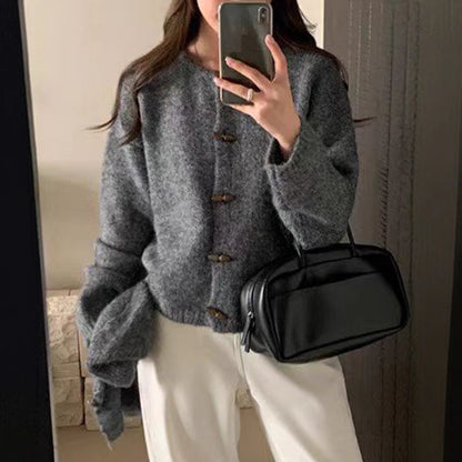 Retro Horn Button Knit Cardigan Women Loose Soft Sweater Coat with Hood