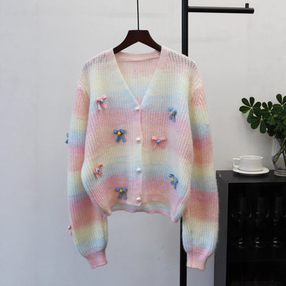 Rainbow Striped Bow Knit Cardigan for Women Loose Sweet Soft and Versatile Sweater Jacket