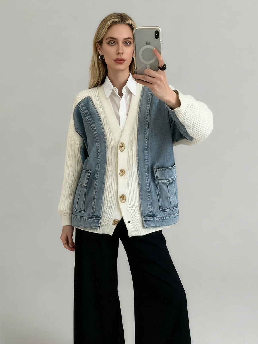 Design Sense Two-Piece Denim Spliced Knitted Cardigan Women's Loose Oversized Sweater Jacket Trendy