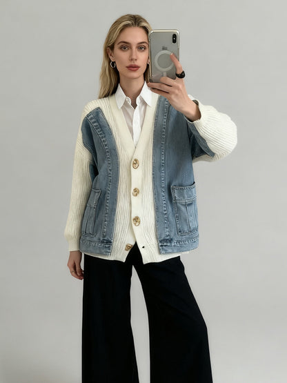 Design Sense Two-Piece Denim Spliced Knitted Cardigan Women's Loose Oversized Sweater Jacket Trendy