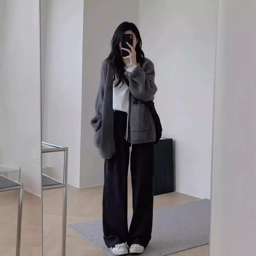 Version Loose Knit Cardigan Lazy Style Solid Color Pocket Temperament Sweater Coat for Women