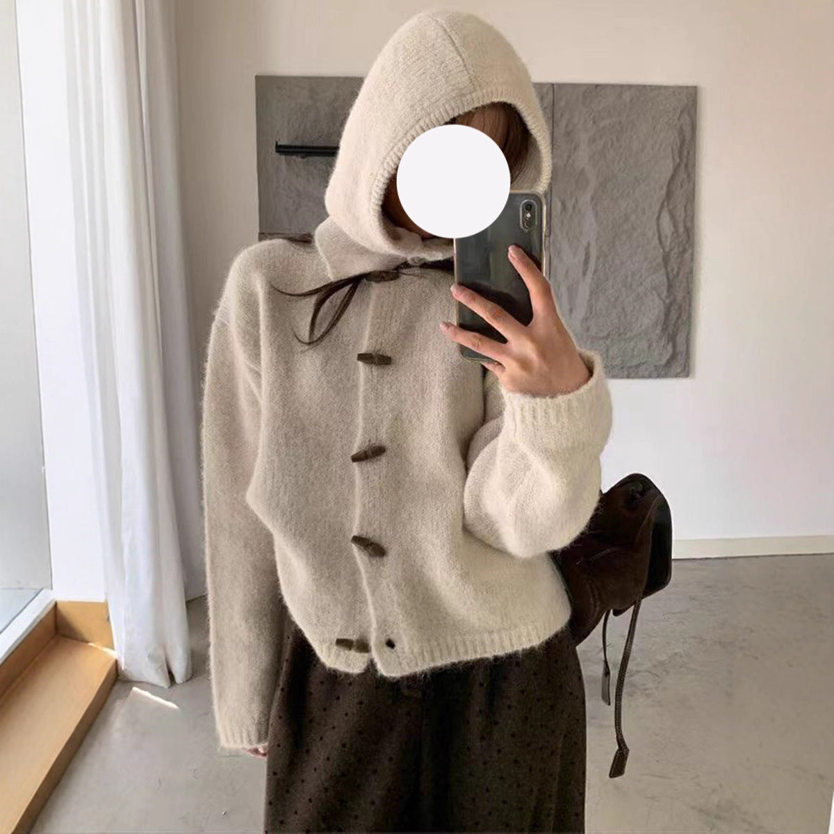 Retro Horn Button Knit Cardigan Women Loose Soft Sweater Coat with Hood