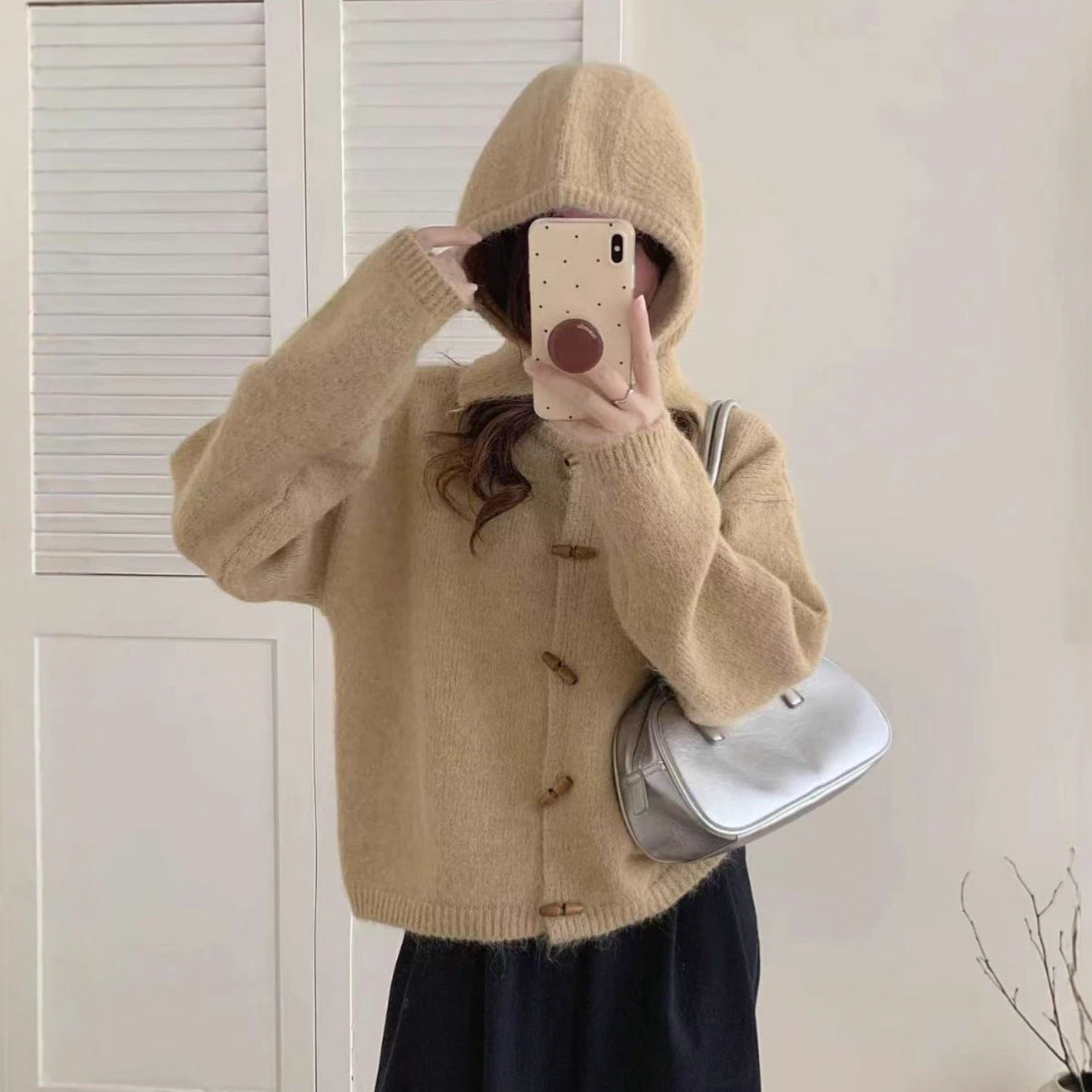 Retro Horn Button Knit Cardigan Women Loose Soft Sweater Coat with Hood