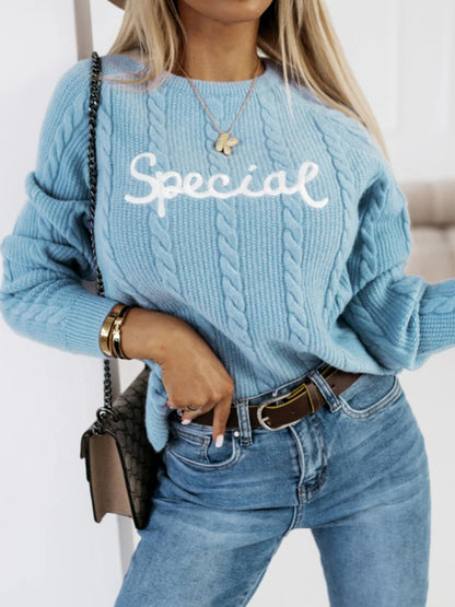 Casual Crew Neck Knit Sweater with Letter Embroidery