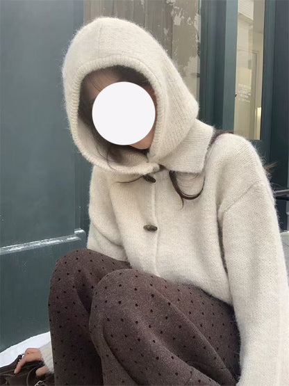 Retro Horn Button Knit Cardigan Women Loose Soft Sweater Coat with Hood