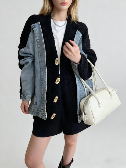 Design Sense Two-Piece Denim Spliced Knitted Cardigan Women's Loose Oversized Sweater Jacket Trendy