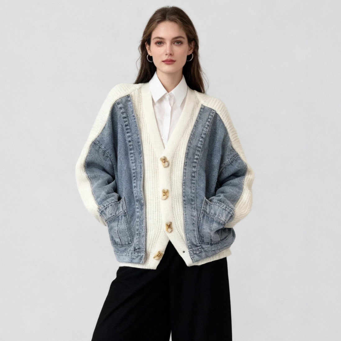 Design Sense Two-Piece Denim Spliced Knitted Cardigan Women's Loose Oversized Sweater Jacket Trendy