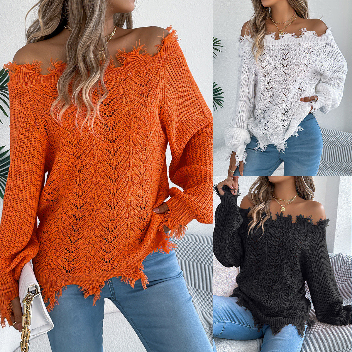 Hollow out long sleeved off shoulder pullover sweater
