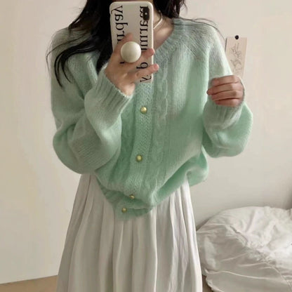 Round Neck Cable Knit Thin Sweater Women Loose Slimming Elegant  Style Cardigan