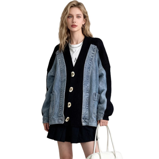 Design Sense Two-Piece Denim Spliced Knitted Cardigan Women's Loose Oversized Sweater Jacket Trendy