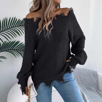 Hollow out long sleeved off shoulder pullover sweater