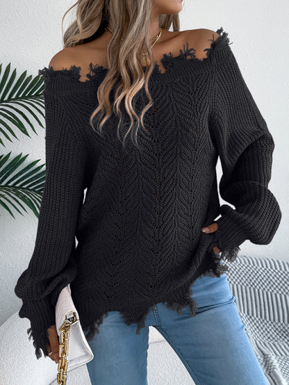 Hollow out long sleeved off shoulder pullover sweater