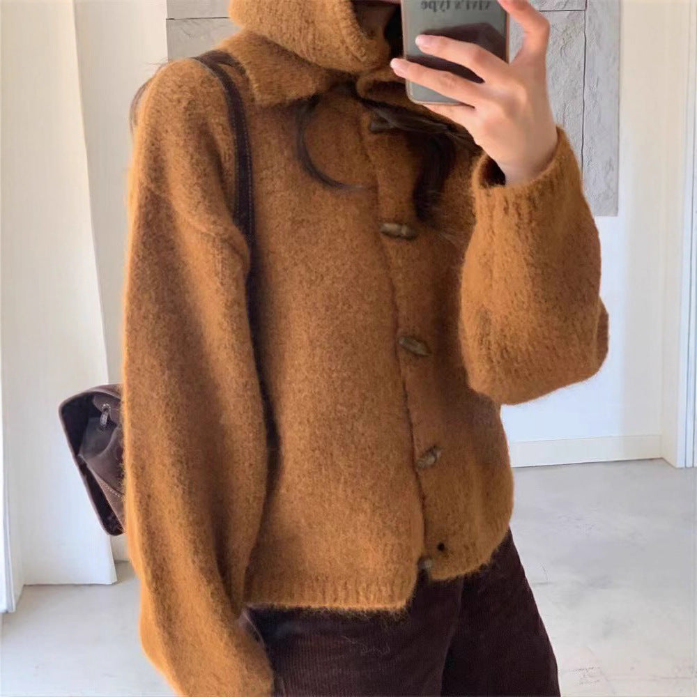 Retro Horn Button Knit Cardigan Women Loose Soft Sweater Coat with Hood