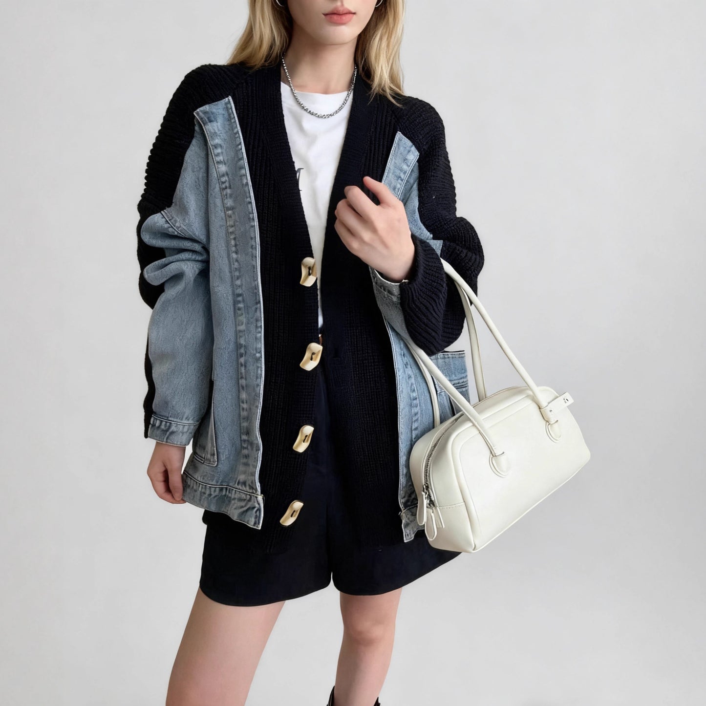 Design Sense Two-Piece Denim Spliced Knitted Cardigan Women's Loose Oversized Sweater Jacket Trendy