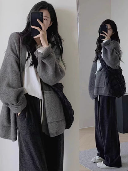 Version Loose Knit Cardigan Lazy Style Solid Color Pocket Temperament Sweater Coat for Women