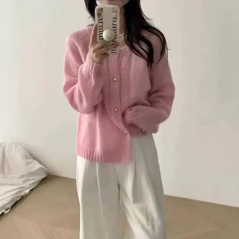 Round Neck Cable Knit Thin Sweater Women Loose Slimming Elegant  Style Cardigan