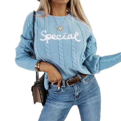 Casual Crew Neck Knit Sweater with Letter Embroidery