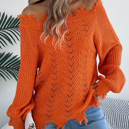 Hollow out long sleeved off shoulder pullover sweater