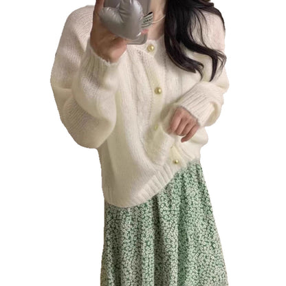 Round Neck Cable Knit Thin Sweater Women Loose Slimming Elegant  Style Cardigan