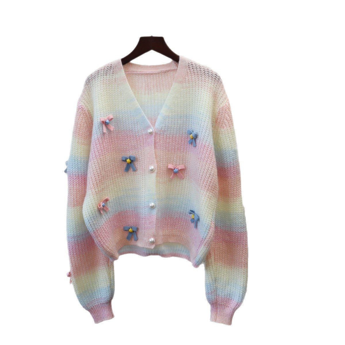 Rainbow Striped Bow Knit Cardigan for Women Loose Sweet Soft and Versatile Sweater Jacket