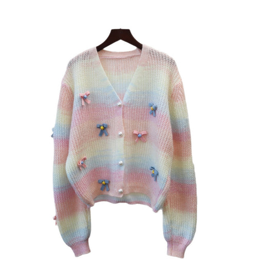 Rainbow Striped Bow Knit Cardigan for Women Loose Sweet Soft and Versatile Sweater Jacket