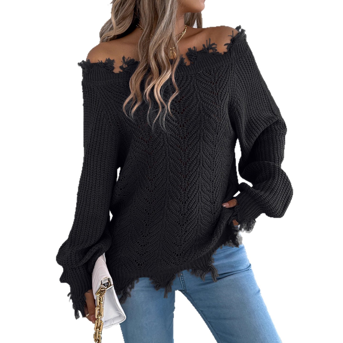 Hollow out long sleeved off shoulder pullover sweater