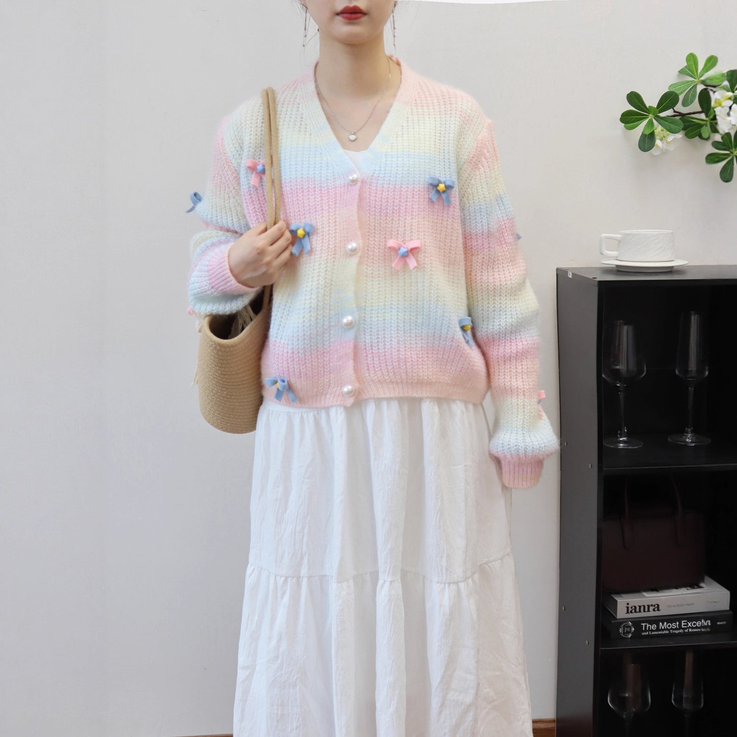 Rainbow Striped Bow Knit Cardigan for Women Loose Sweet Soft and Versatile Sweater Jacket