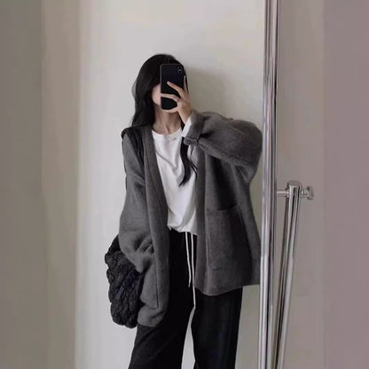 Version Loose Knit Cardigan Lazy Style Solid Color Pocket Temperament Sweater Coat for Women