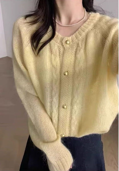 Round Neck Cable Knit Thin Sweater Women Loose Slimming Elegant  Style Cardigan