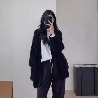 Version Loose Knit Cardigan Lazy Style Solid Color Pocket Temperament Sweater Coat for Women