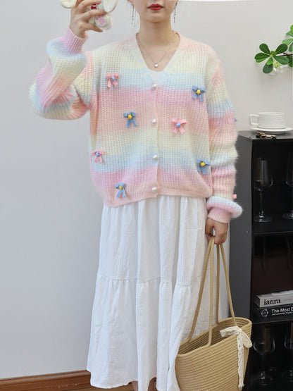 Rainbow Striped Bow Knit Cardigan for Women Loose Sweet Soft and Versatile Sweater Jacket