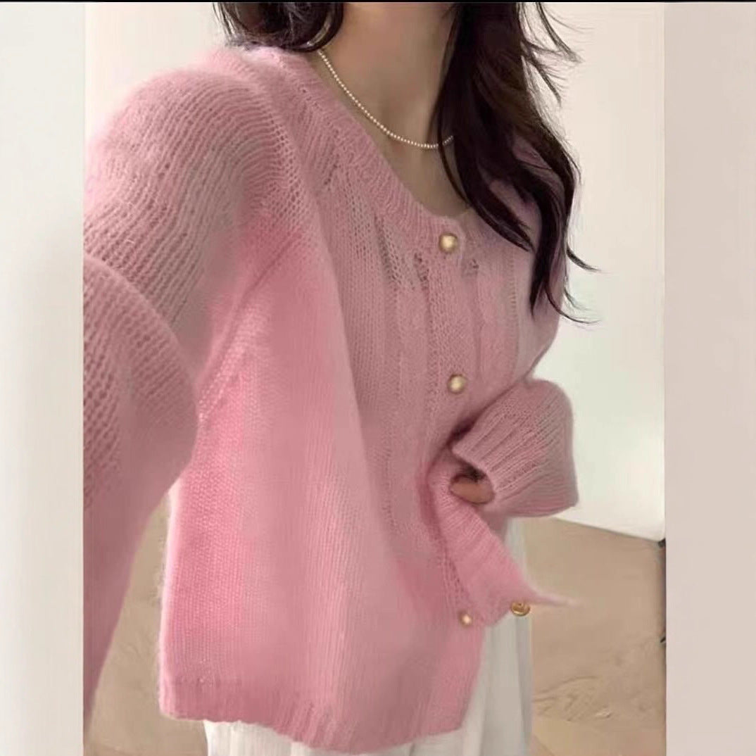 Round Neck Cable Knit Thin Sweater Women Loose Slimming Elegant  Style Cardigan