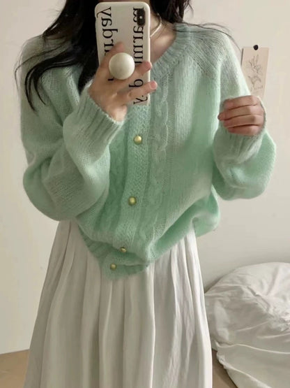 Round Neck Cable Knit Thin Sweater Women Loose Slimming Elegant  Style Cardigan