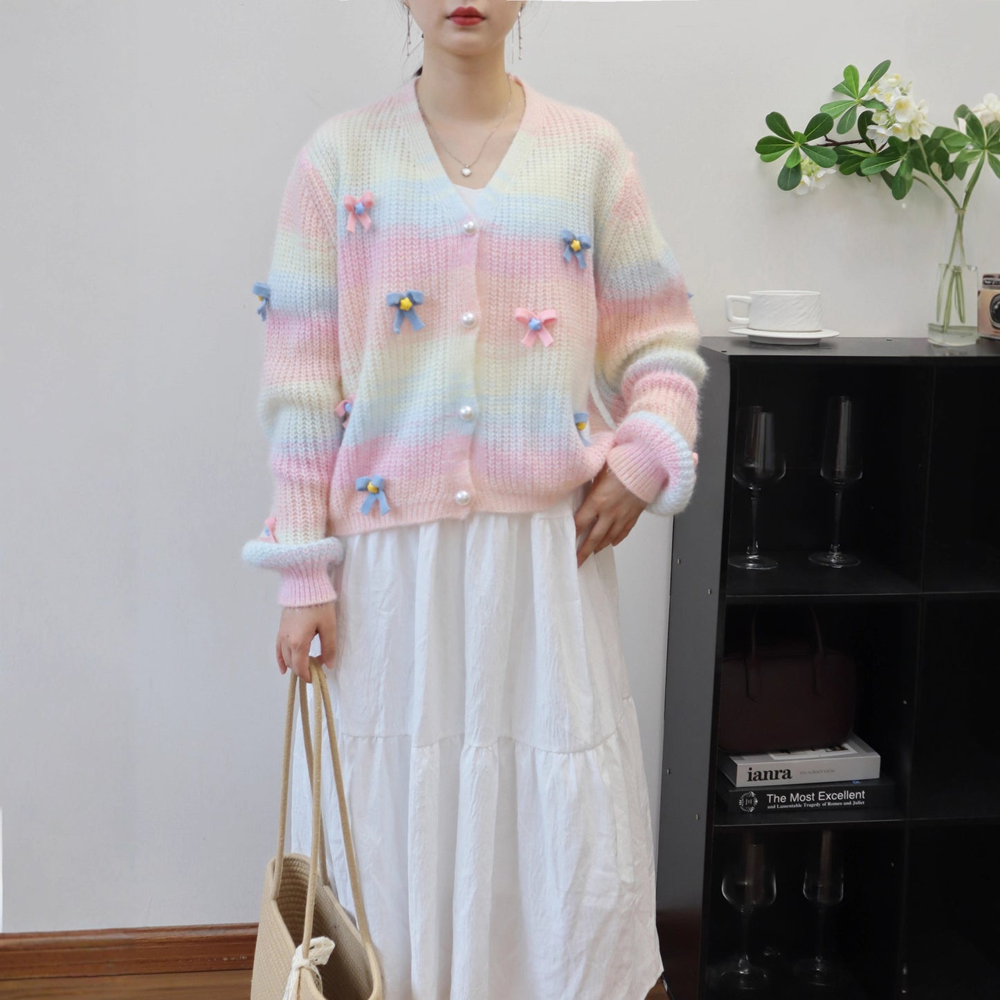 Rainbow Striped Bow Knit Cardigan for Women Loose Sweet Soft and Versatile Sweater Jacket