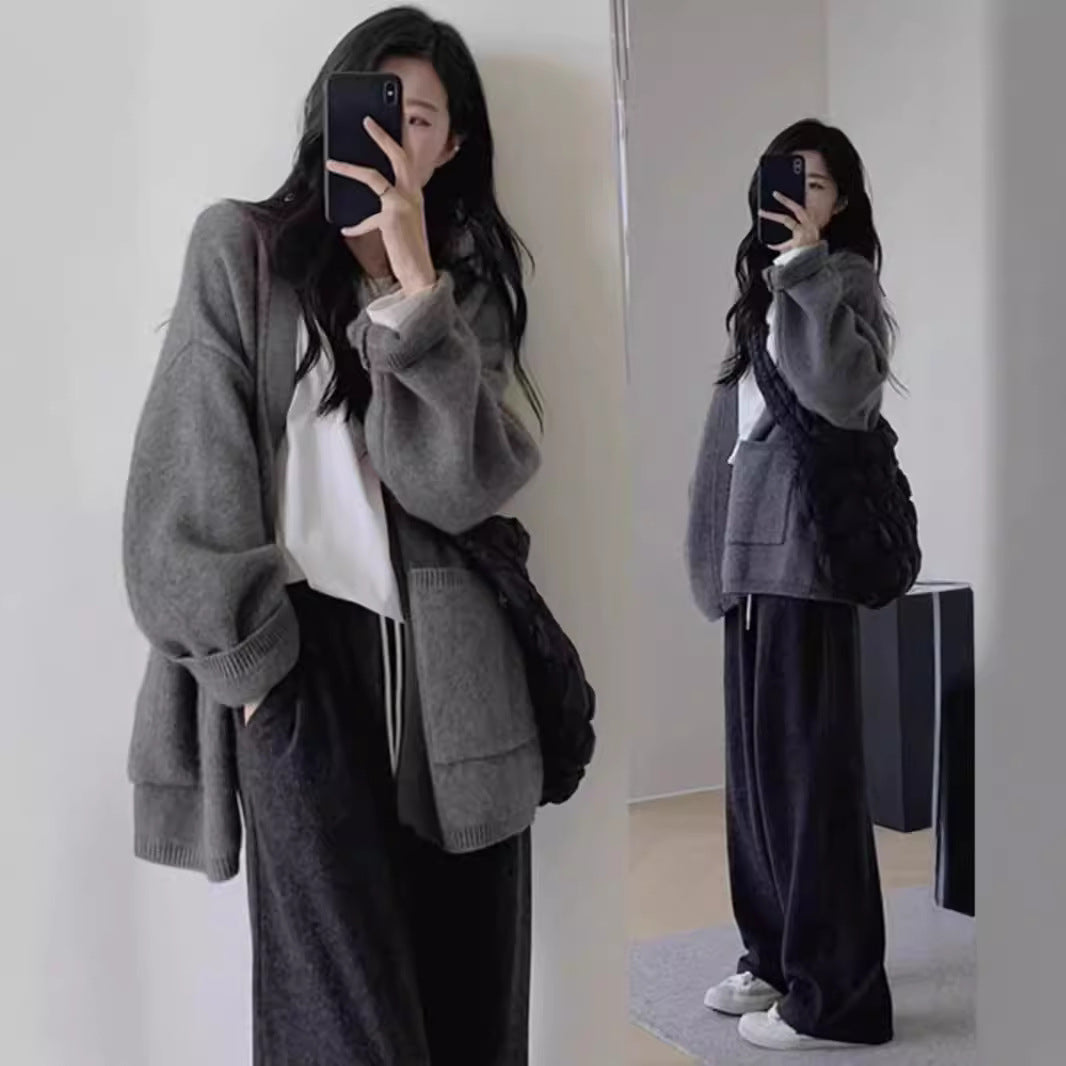 Version Loose Knit Cardigan Lazy Style Solid Color Pocket Temperament Sweater Coat for Women