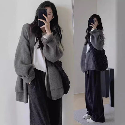 Version Loose Knit Cardigan Lazy Style Solid Color Pocket Temperament Sweater Coat for Women