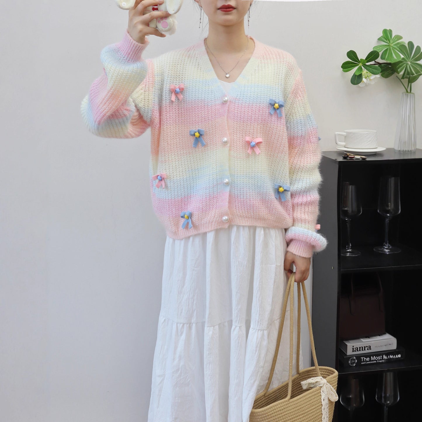 Rainbow Striped Bow Knit Cardigan for Women Loose Sweet Soft and Versatile Sweater Jacket