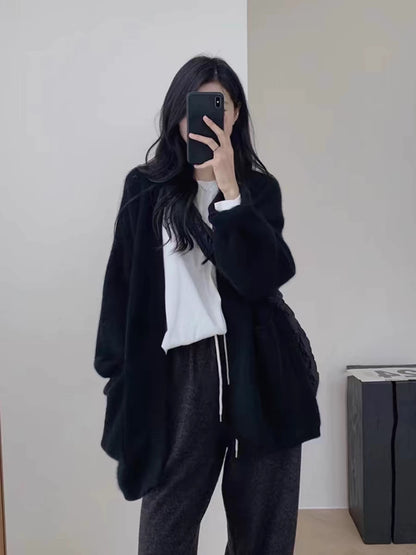 Version Loose Knit Cardigan Lazy Style Solid Color Pocket Temperament Sweater Coat for Women