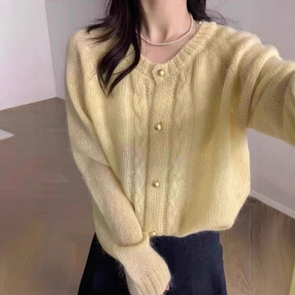 Round Neck Cable Knit Thin Sweater Women Loose Slimming Elegant  Style Cardigan